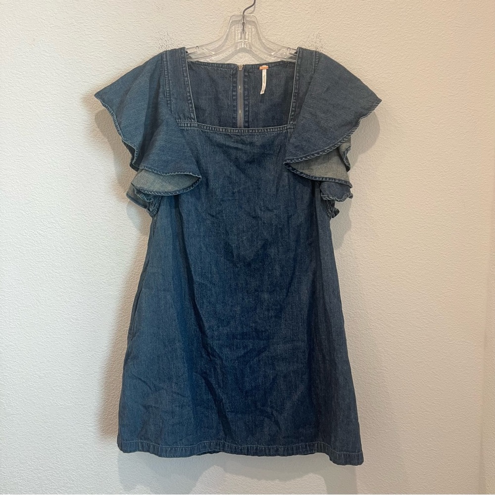 Free People Ruffle Sleeve Denim Mini Dress Blue Womens Sz XS